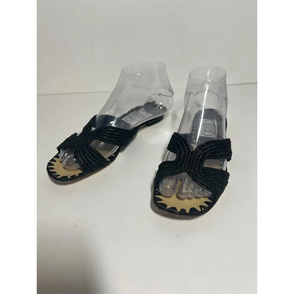 Emma Hope EUC Black Raffia H Sandal Slip On Slide Size 37 EU 7 US